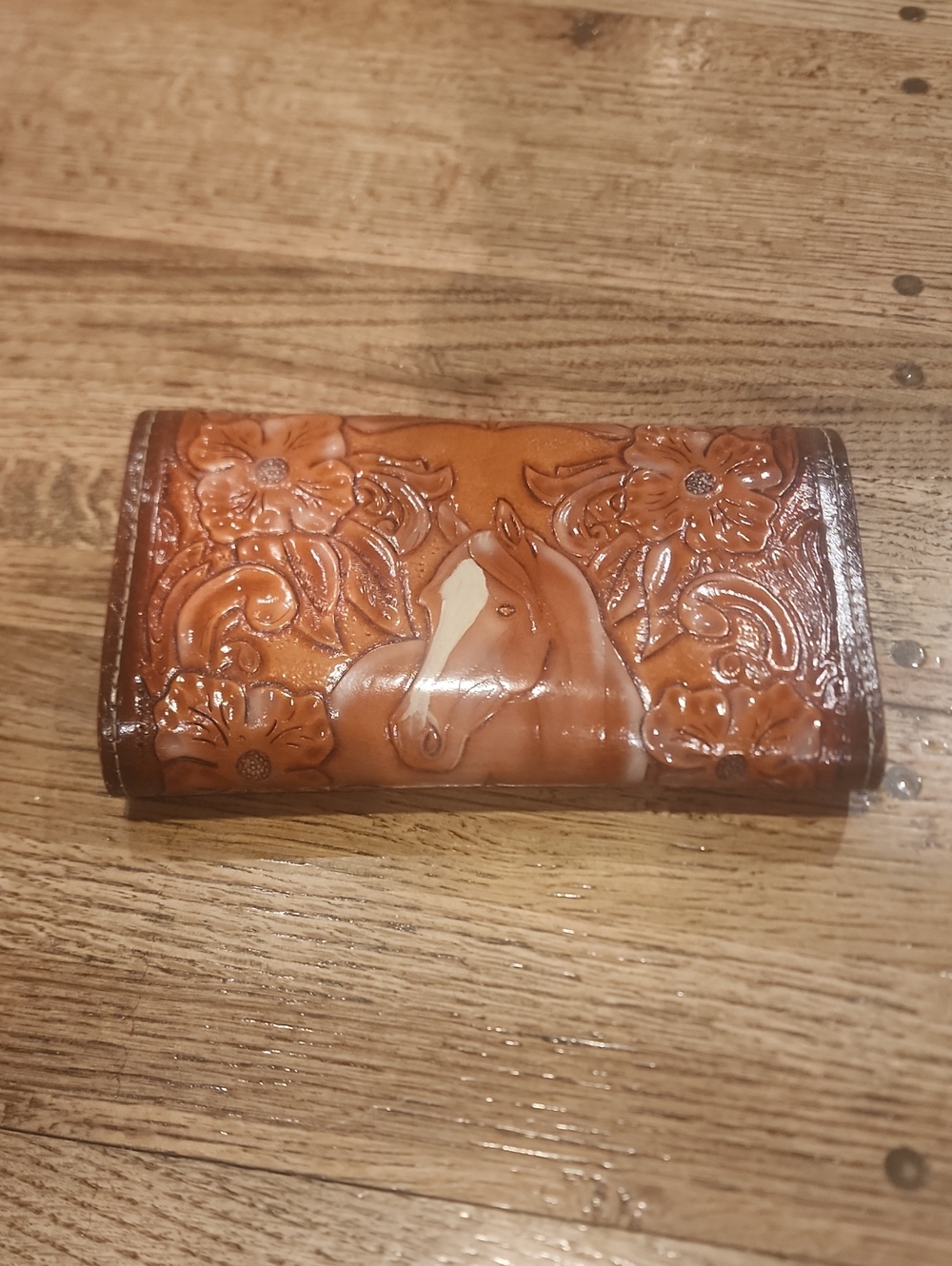 Tooled Floral Horse Design Leather Clutch - Chestnut